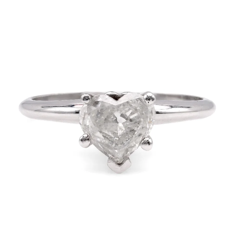 Women’s rings with vintage claw prong settings -Vintage Heart Shape Diamond 14K White Gold Solitaire Engagement Ring