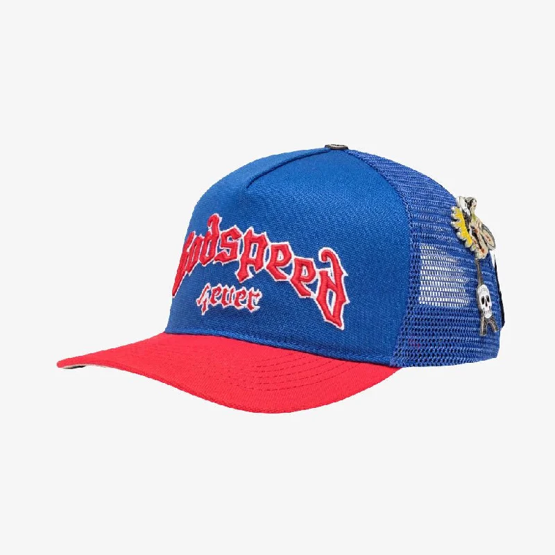 Graphic trucker cap for playful fashion flair -Godspeed 'GS Forever' Trucker Snapback Hat Blue / Red