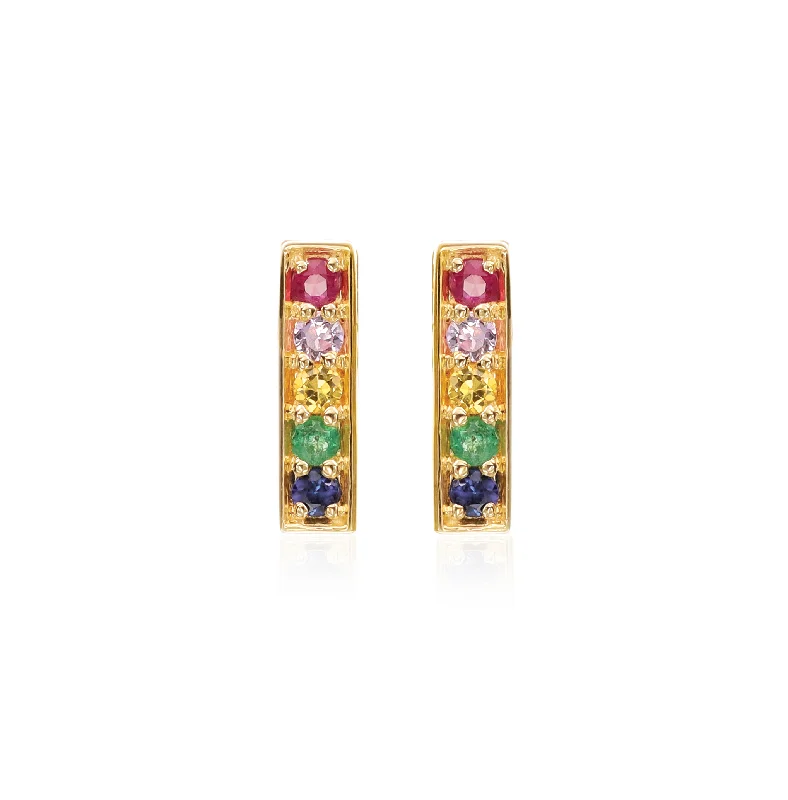 Hoop earrings with polished metal for a shiny and high-quality finish-Sabel Collection 14K Yellow Gold Rainbow Sapphire, Ruby, and Emerald Bar Earrings