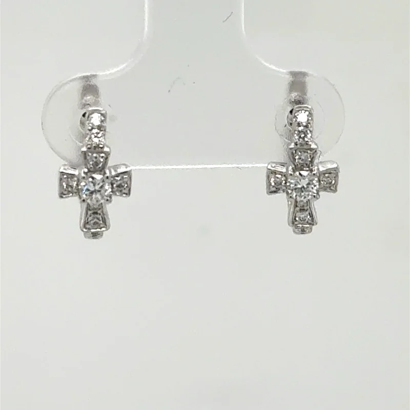 Hoop earrings with polished metal for a shiny and high-quality finish-14K White Gold Diamond Cross Huggie Earrings