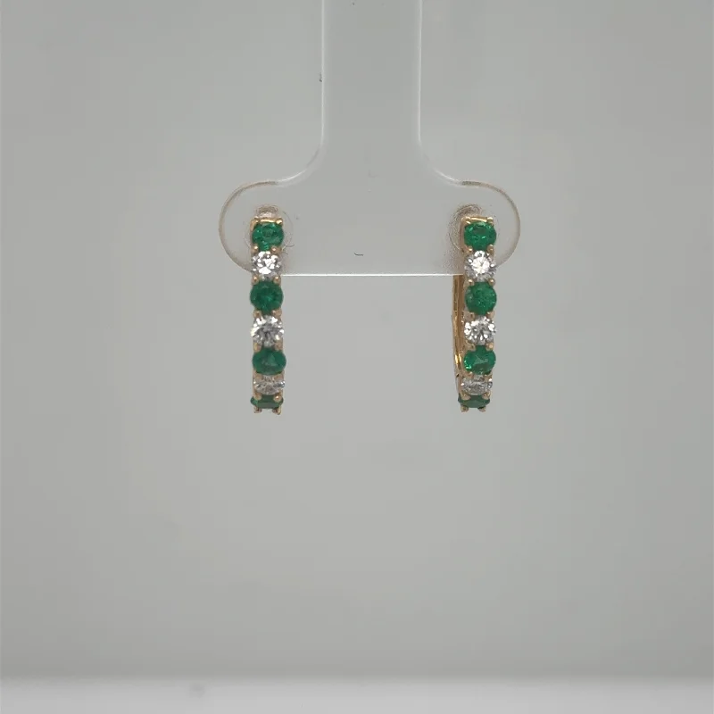 Hoop earrings with braided patterns for a detailed and textured finish-14K Yellow Gold Emerald & Diamond Hoop Earrings