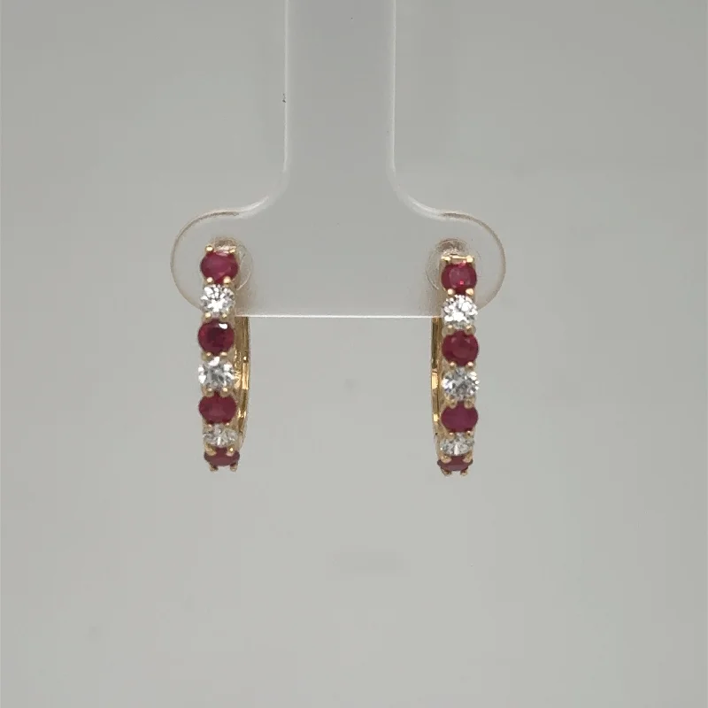 Best hoop earrings with geometric shapes for a modern and artistic appeal-14K Yellow Gold Ruby & Diamond Hoop Earrings