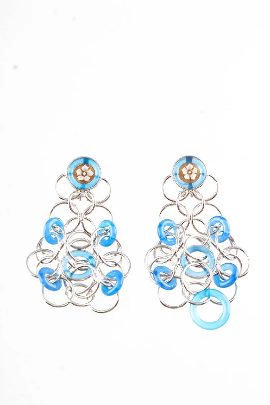 Best hoop earrings with rose gold for a romantic and warm aesthetic-Designer Silver Tone Blue Resin Floral Chain Mesh Chandelier Earrings