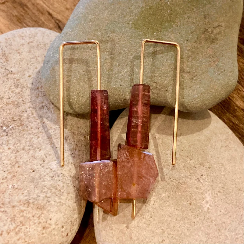 Hoop earrings with a matte finish for a sleek and sophisticated appearance-Geometric Double Tourmaline 14K Gold Earrings