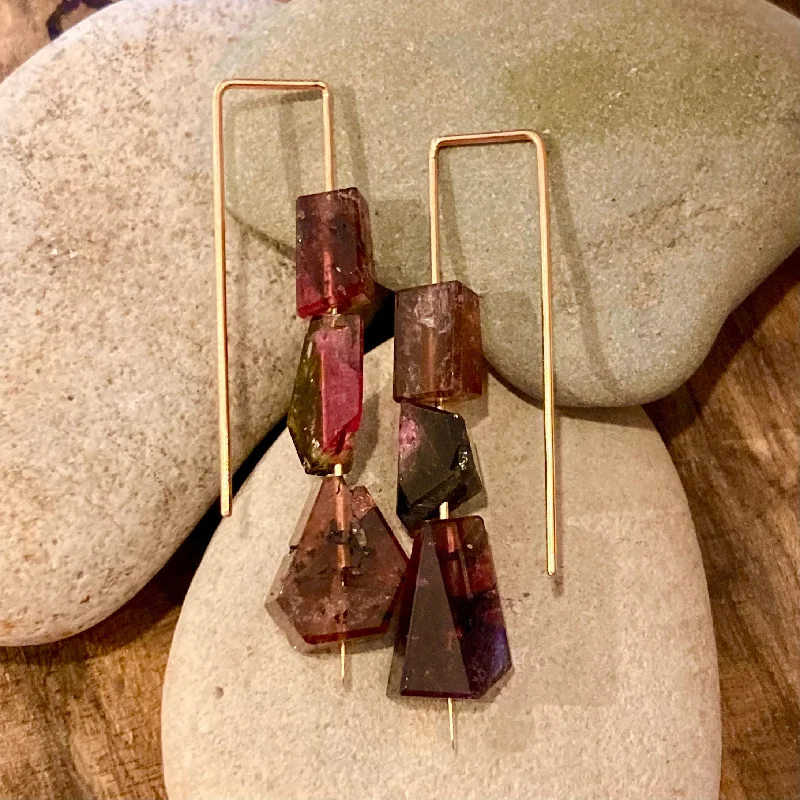 Best hoop earrings with Swarovski crystals for added sparkle and luxury-Geometric Triple Tourmaline 14K Gold Earrings