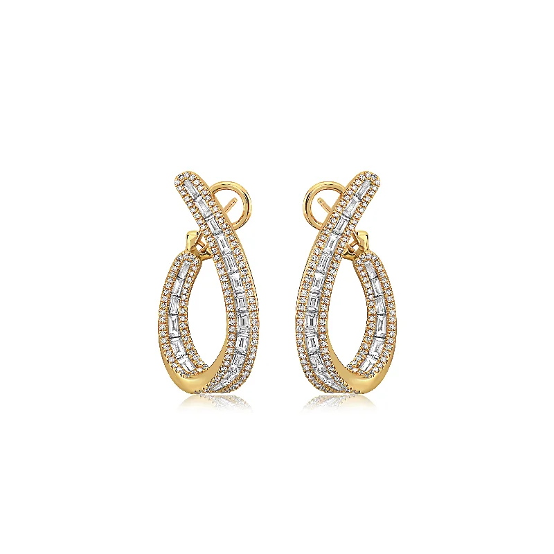 Hoop earrings with faceted crystals for added sparkle and shine-Gold Baguette Diamond J-Hoop Earring