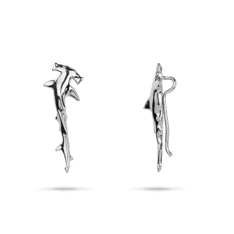 Best hoop earrings with snake-inspired designs for an edgy and fierce vibe-Hammerhead Shark Climber Earrings in White Gold - 26mm