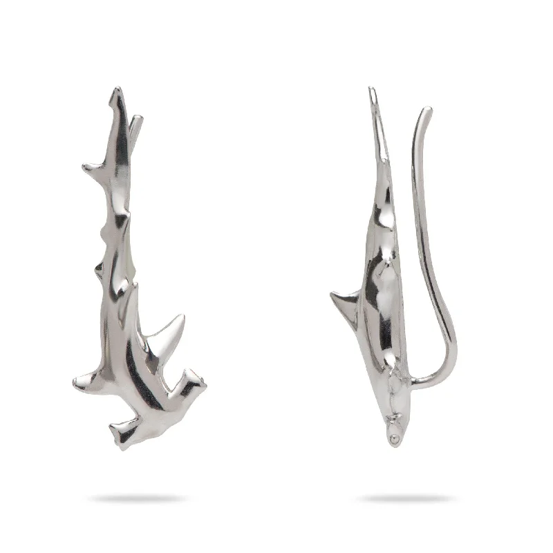 Hoop earrings with a chunky design for a bold and trendy statement-Hammerhead Shark Climber Earrings in Sterling Silver