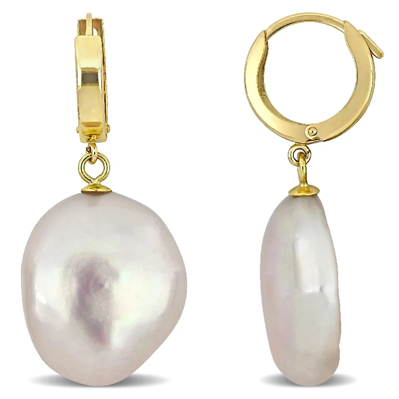 Best hoop earrings with baroque pearls for a luxurious and elegant vibe-Mimi & Max 16.5-17mm Cultured Freshwater Pink Coin Pearl Hoop Earrings in 14k Yellow Gold