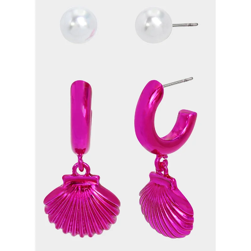 Best hoop earrings with geometric pendants for a modern, chic appeal-Pink Summer Shell Earring Set Fuchsia