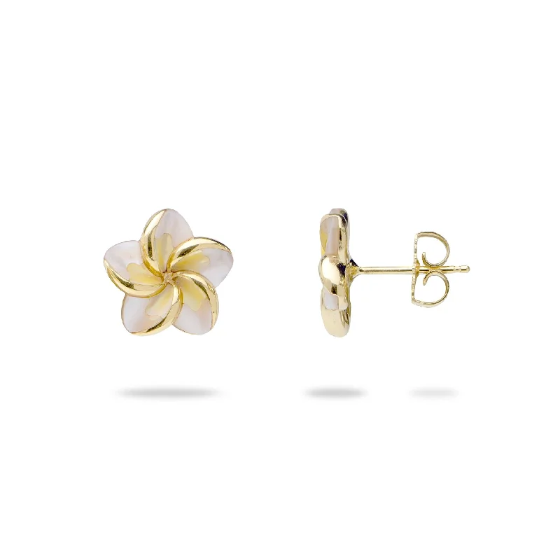 Best hoop earrings with asymmetrical designs for a fashion-forward, avant-garde look-Plumeria Mother of Pearl Earrings in Gold - 13mm