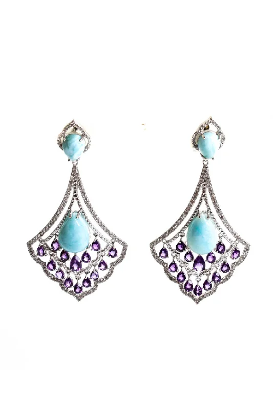 Hoop earrings with tortoiseshell designs for a chic and classic style-Rarities Womens Sterling Silver Silver Cabochon Amazonite Amethyst Dangle Earrings 14g 2.5"