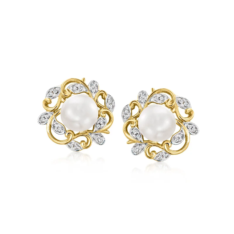 Best hoop earrings with snake-inspired designs for an edgy and fierce vibe-Ross-Simons 7-7.5mm Cultured Pearl and . Diamond Leaf Earrings in 14kt Yellow Gold