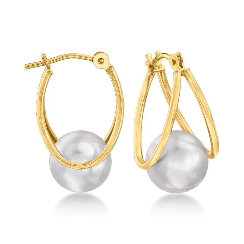 Hoop earrings with hammered copper for a warm and rustic aesthetic-Ross-Simons 8-9mm Gray Cultured Pearl Double-Hoop Earrings in 14kt Yellow Gold