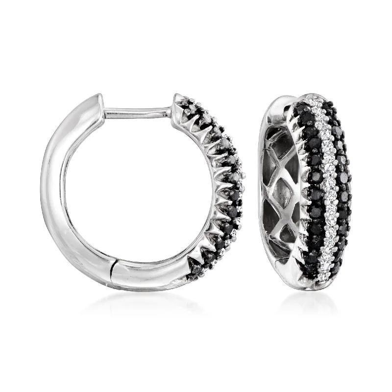 Hoop earrings with textured gold for a refined and sophisticated aesthetic-Ross-Simons Black and White Diamond Huggie Hoop Earrings in Sterling Silver