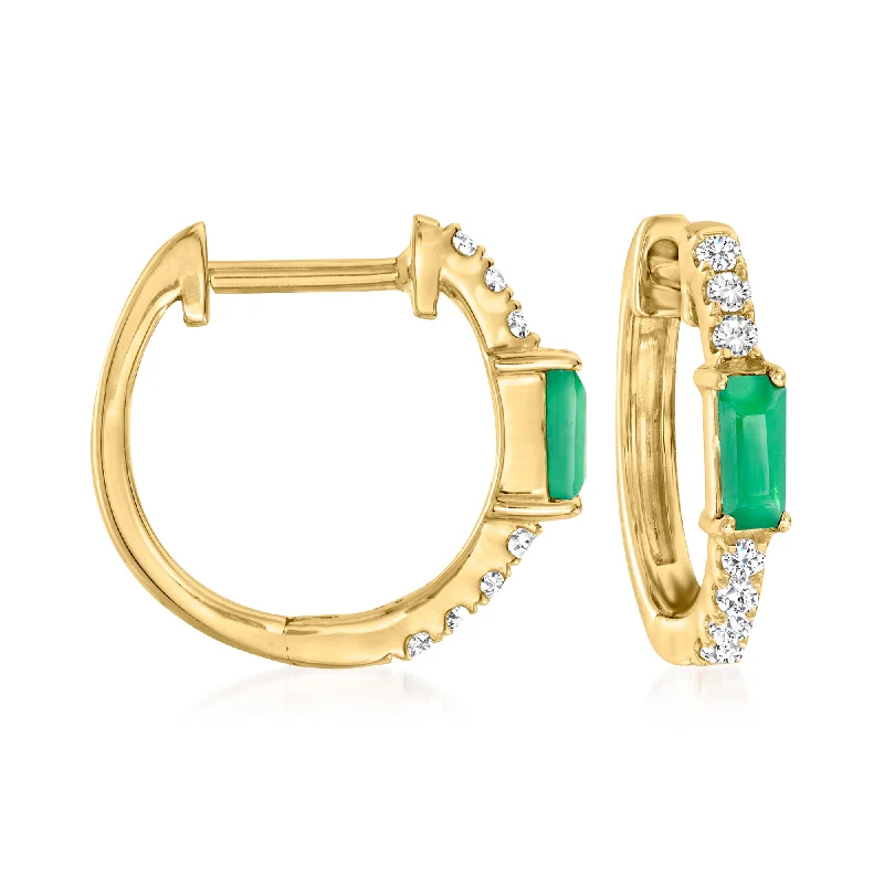 Ross-Simons Emerald and . Diamond Huggie Hoop Earrings in 14kt Yellow Gold