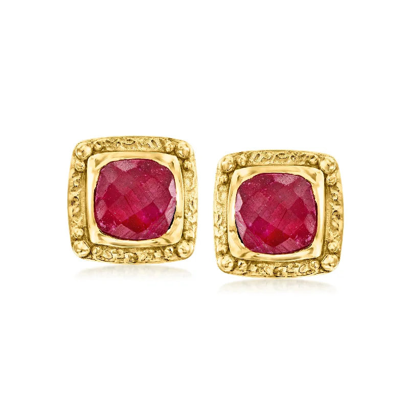 Hoop earrings with hammered textures for a boho-chic and rustic vibe-Ross-Simons Ruby Etruscan-Style Earrings in 18kt Gold Over Sterling