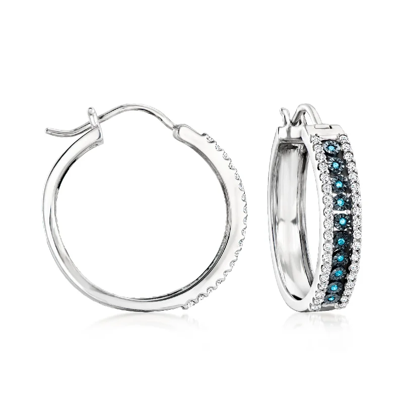 Hoop earrings with diamond-cut surfaces for added sparkle and shine-Ross-Simons White and Blue Diamond Hoop Earrings in Sterling Silver