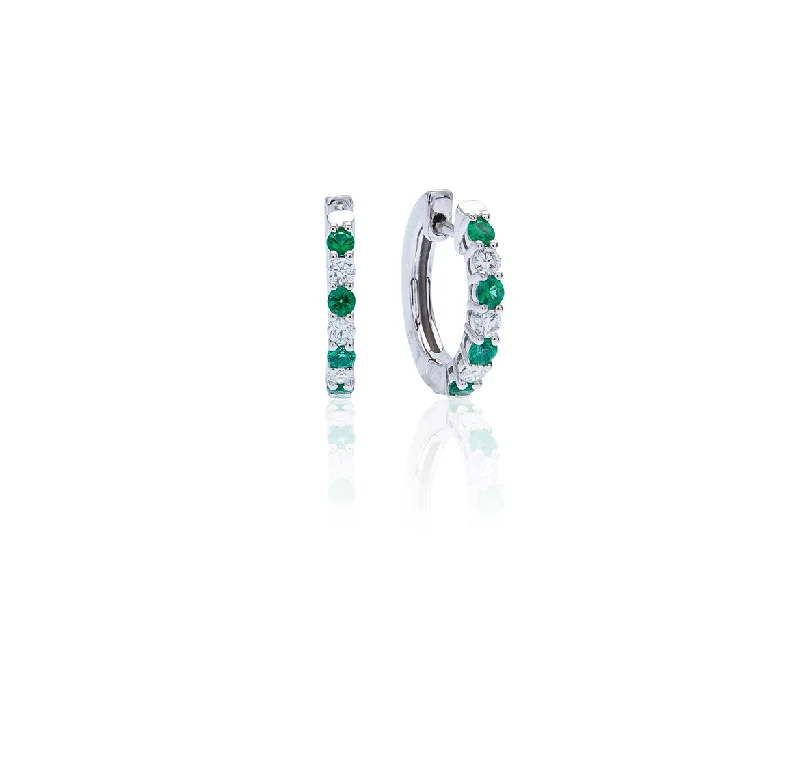 Best hoop earrings with geometric cuts for a sharp, modern appeal-Sabel Collection 14K White Gold Round Emerald and Diamond Huggie Earrings