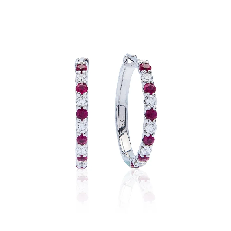 Best hoop earrings with braided leather for a rustic, stylish finish-Sabel Collection 14K White Gold Round Ruby and Diamond Hoop Earrings