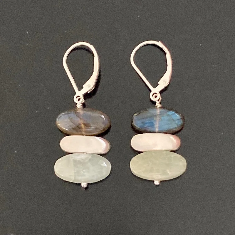 Hoop earrings with crescent moon shapes for a celestial and mystical appearance-Stacked Aquamarine, Labradorite and Brushed Sterling Silver Stone Earrings