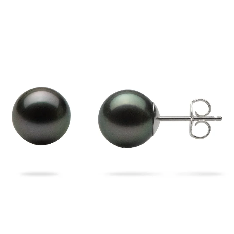 Hoop earrings with faceted crystals for added sparkle and shine-Tahitian Black Pearl Earrings in White Gold - 9-10mm