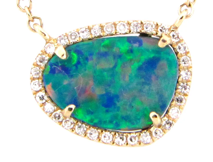 Stunning necklaces and pendants with birthstone pendants for a personal touch-14Y Black Opal Doublet and Diamond Halo Necklace