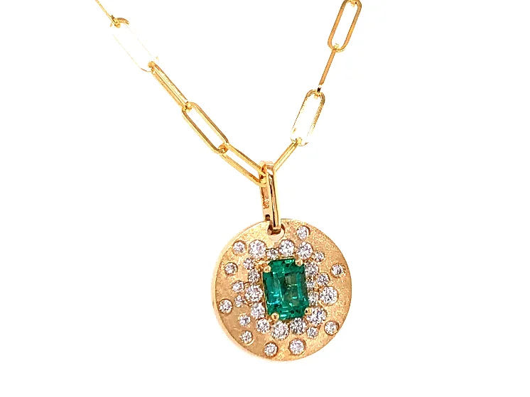 Unique necklaces and pendants with artistic shapes for a creative, one-of-a-kind design-14Y Satin Disc Pend w Emerald and Diamonds on 18" Paperclip Chain