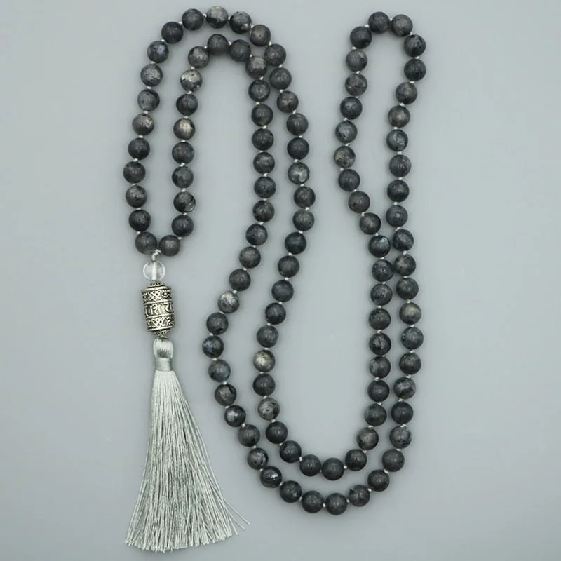 Best necklaces and pendants with intricate filigree for vintage-inspired elegance-Black Labradorite Mantra Mala Necklace