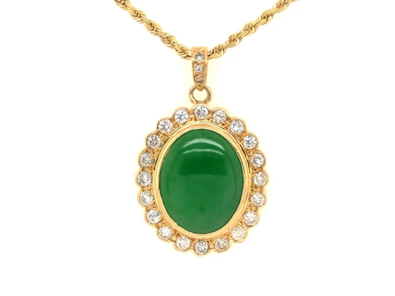 Beautiful necklaces and pendants with gemstone teardrops for an elegant effect-GIA Vintage Oval Cabochon Green Translucent Jadeite Jade and Diamond Pendant