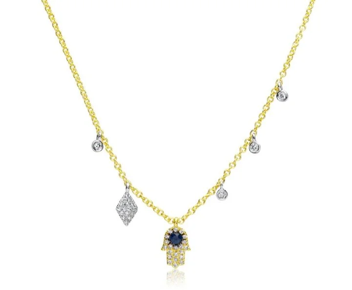 Stunning necklaces and pendants with sapphire gemstones for a luxurious blue hue-Meira T- 14Y Sapphire and Diamond Hamsa Necklace