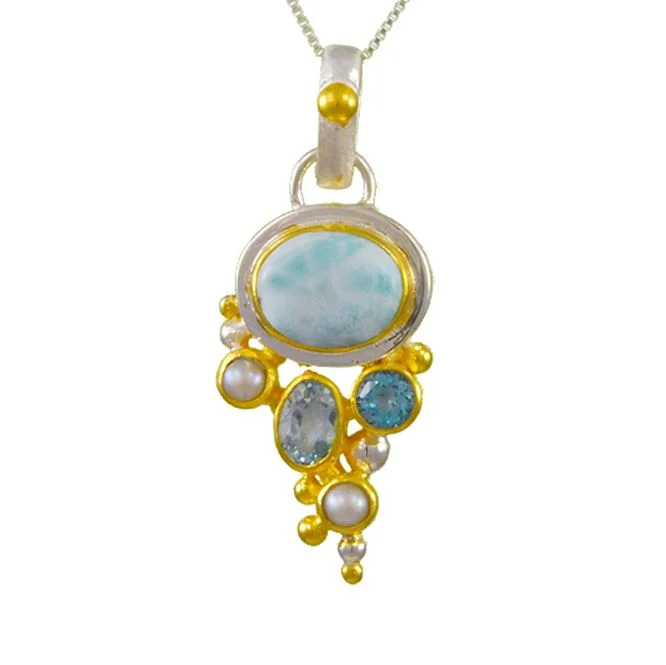 Necklaces and pendants with personalized charms for a custom piece of jewelry-Michou SS/22KY Vermeil Larimar, Pearl and Blue Topaz Pend on Box Chain 18"