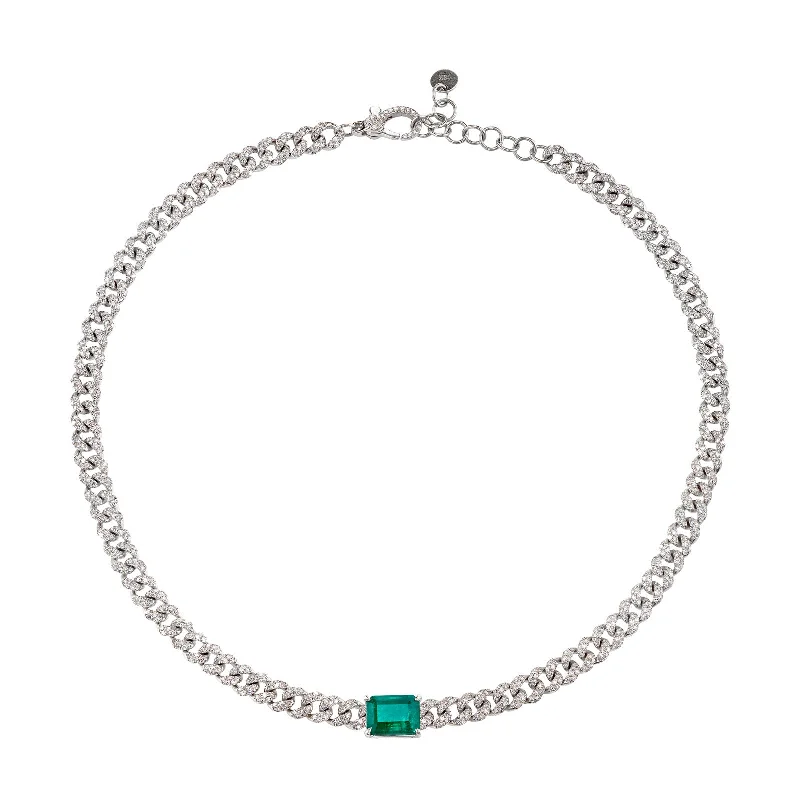 Mini Pave Diamond and Emerald Asscher Solitaire Necklace