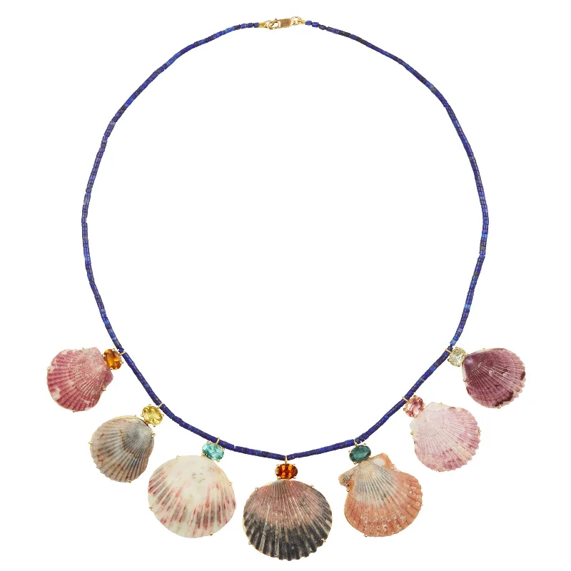 Unique necklaces and pendants with gemstones for a colorful and vibrant statement-Multi Gem and Lapis Bead Shell Necklace