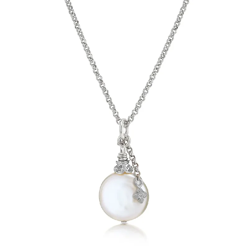 Best necklaces and pendants with vintage coin pendants for a unique accessory-Large Coin Pearl Necklace with Flower Accent