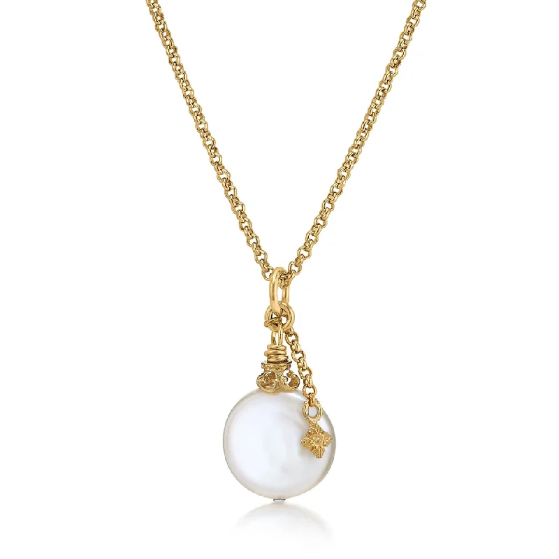 Best necklaces and pendants with zodiac signs for a celestial, astrology-inspired vibe-Large Coin Pearl Necklace in Gold with Flower Detail