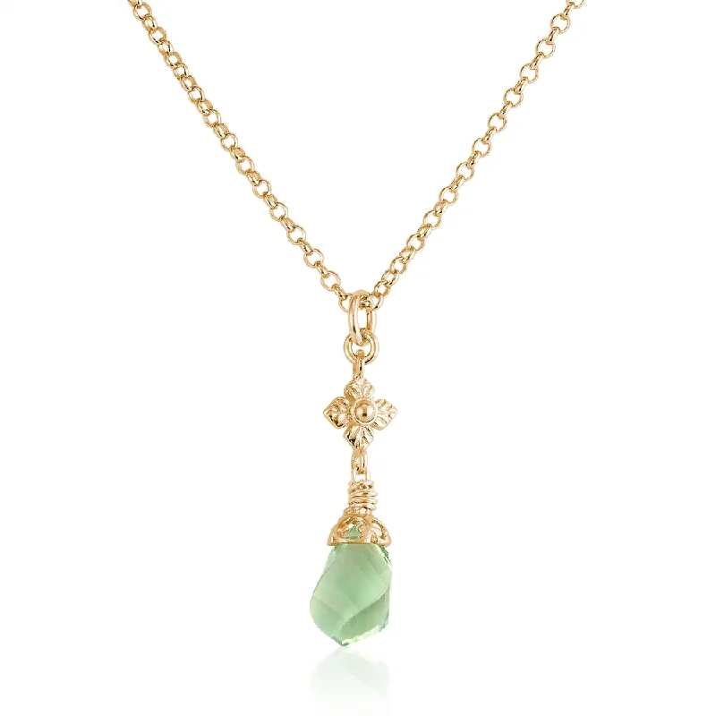 Necklaces and pendants with lotus flower designs for a spiritual, peaceful vibe-Faceted Green Amethyst Twist Necklace with Flower Detail in Gold