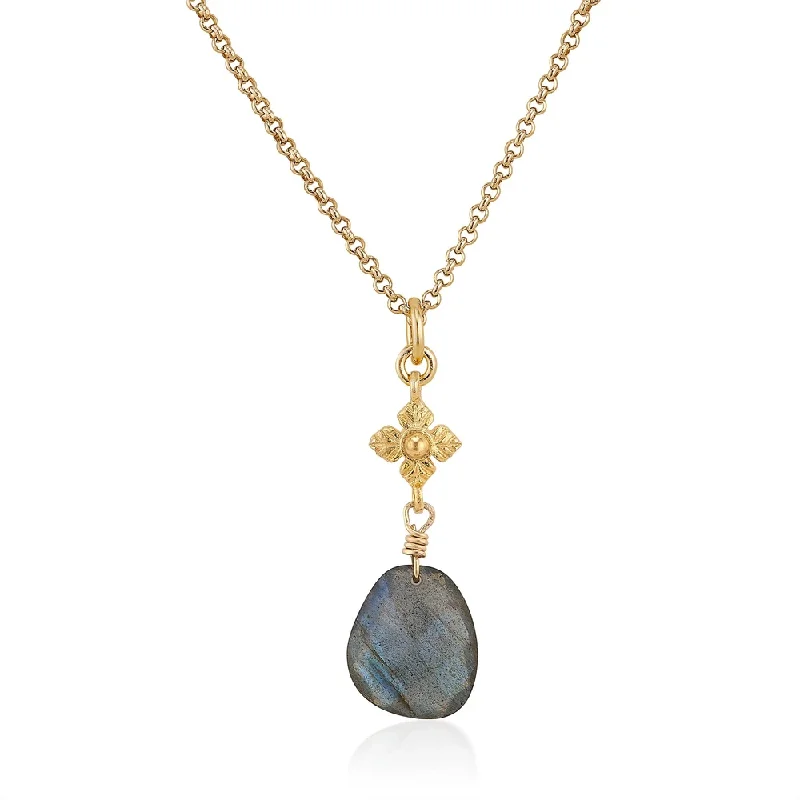 Stunning necklaces and pendants with jade gemstones for a calming green hue-Faceted Labradorite Necklace with Flower Detail in Gold