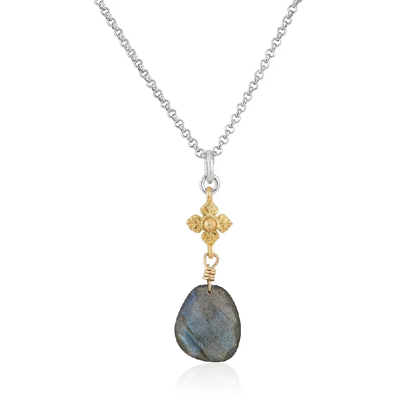 Beautiful necklaces and pendants with diamond-encrusted designs for maximum sparkle-Faceted Labradorite Two-tone Necklace with Flower Detail