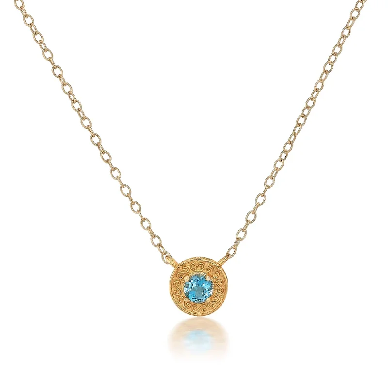 Necklaces and pendants with infinity love symbols for an eternal, romantic gesture-Engraved Gold Disc Necklace in Blue Topaz