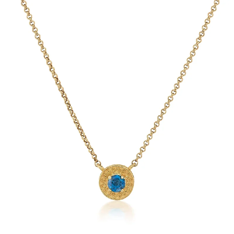 Best necklaces and pendants for everyday wear with minimalist designs-Engraved Gold Disc Necklace in London Blue Topaz