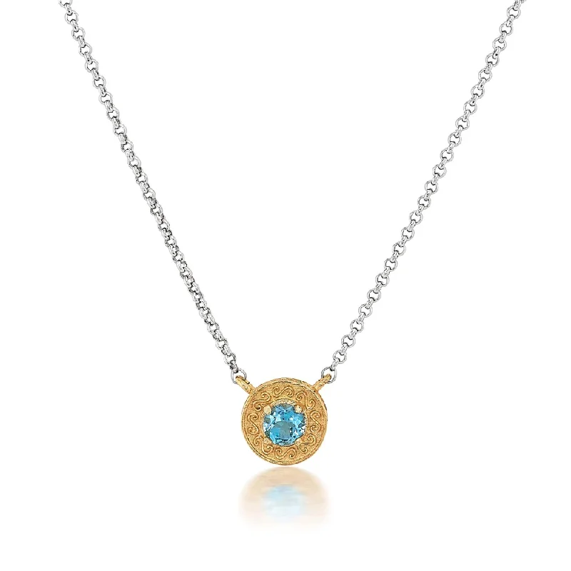 Necklaces and pendants with celestial starburst designs for a radiant look-Engraved Disc Two-tone Necklace in Blue Topaz