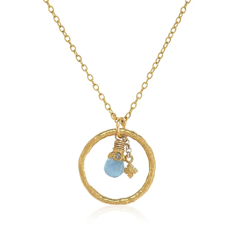 Best necklaces and pendants with cubic zirconia for a budget-friendly dazzling effect-Hammered Gold Circle Necklace with Aquamarine Briolette