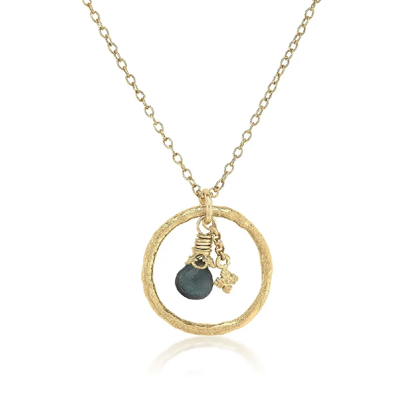 Stunning necklaces and pendants with jade gemstones for a calming green hue-Hammered Gold Circle Necklace with Moss Aquamarine Briolette