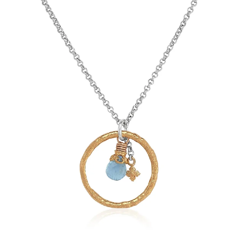 Best necklaces and pendants with opal gemstones for an iridescent glow-Hammered Two-tone Circle Necklace with Aquamarine Briolette