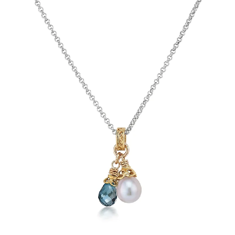 Necklaces and pendants with lotus flower designs for a spiritual, peaceful vibe-London Blue Topaz and Gray Pearl Two-tone Drop Necklace