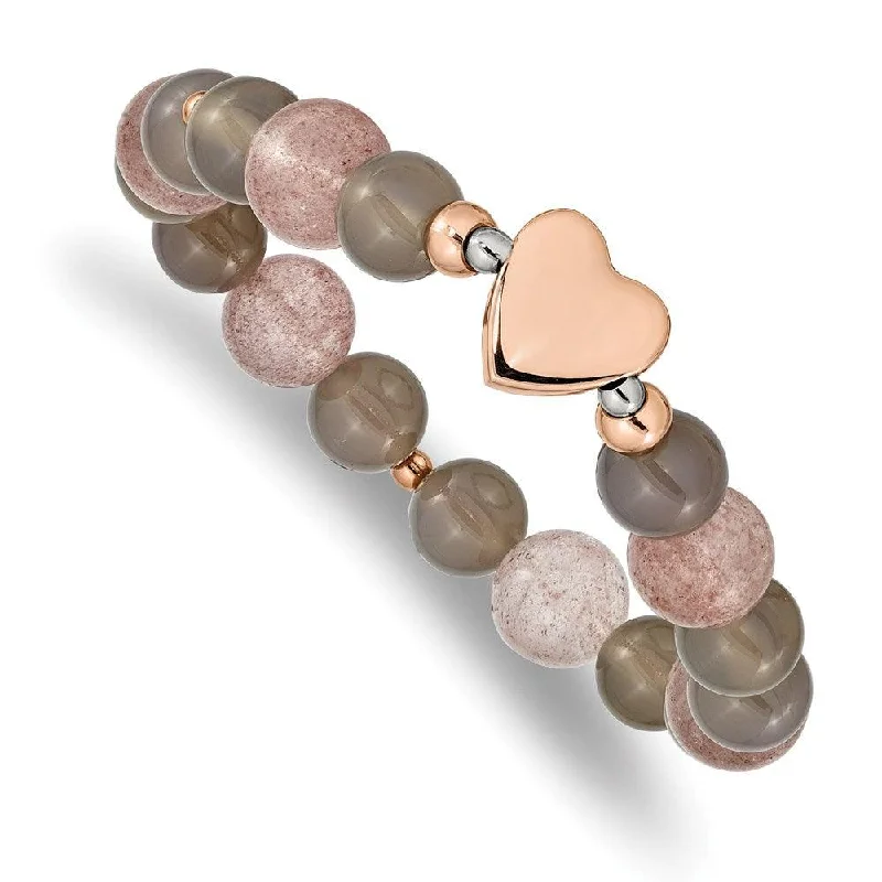 Necklaces and pendants with enamel accents for a colorful, eye-catching appearance-Stainless Steel Polished Rose IP Heart Grey Agate/Strawberry Quartz Stretch