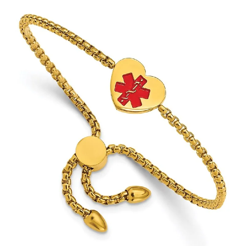 Necklaces and pendants with custom designs for a completely unique jewelry piece-Stainless Steel Polished Yellow IP/Red Enamel Heart Medical ID Adj. Bracele