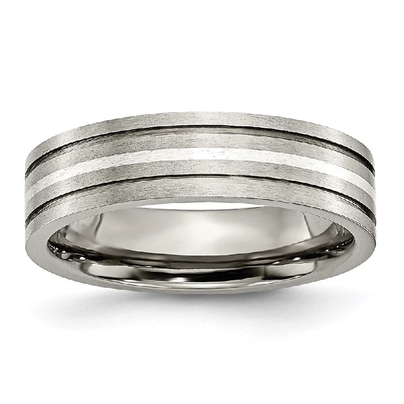 Trendy necklaces and pendants with statement pieces for a bold fashion statement-Titanium Grooved Sterling Silver Inlay 6mm Brushed Band | TB371